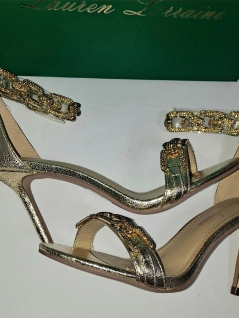 Gold High Heels Chain Zipper Back Pumps Lauren Lorraine NIB Stunning